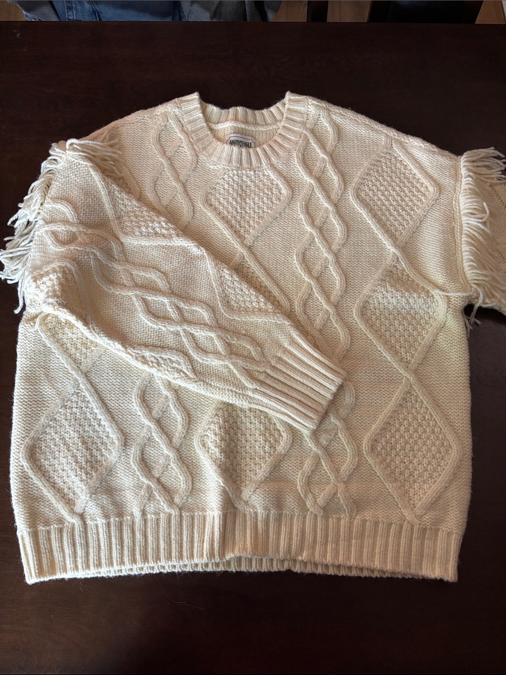 American Eagle Outfitters Cream Fringe Sleeve Sweater Size Medium